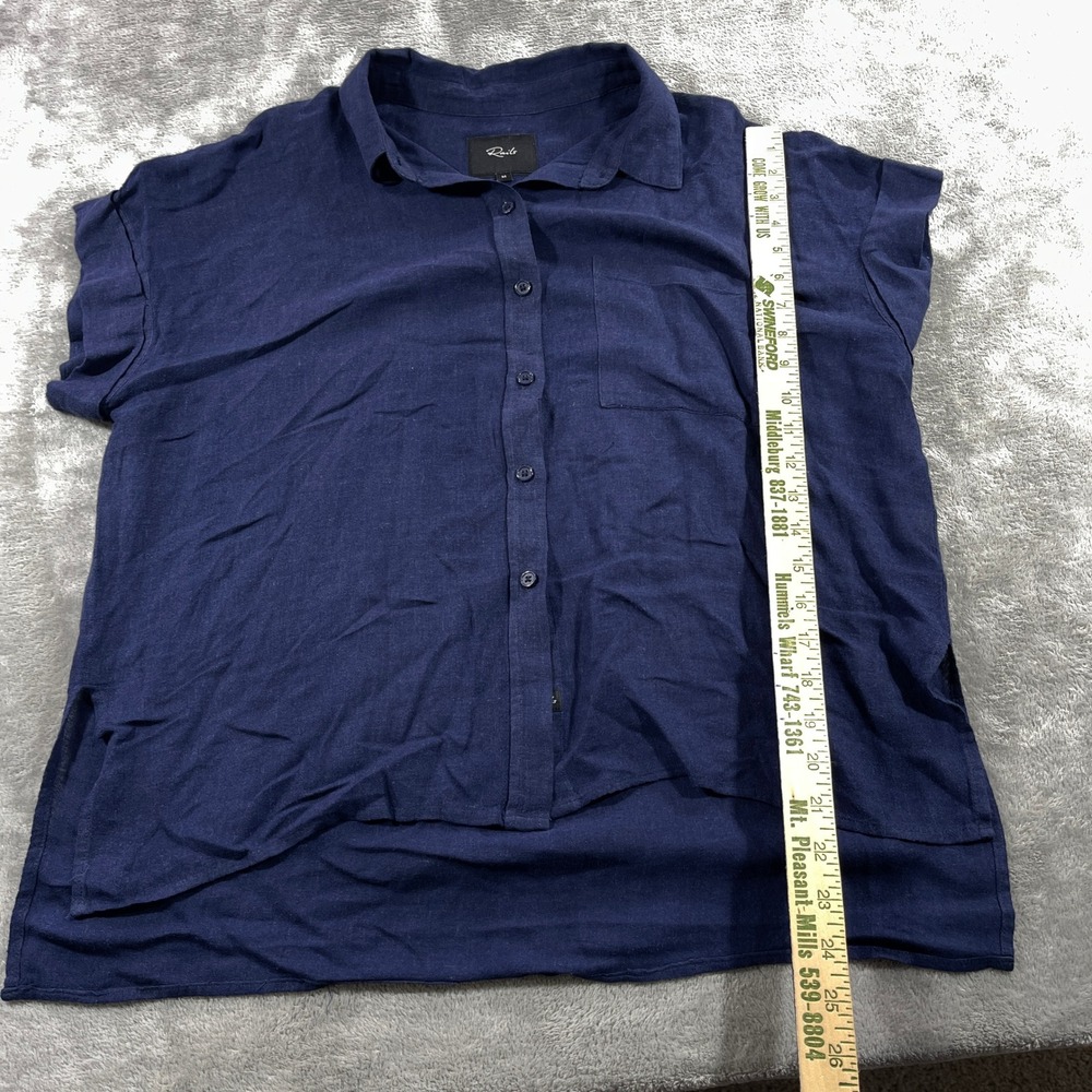 Rails Button Down Shirt Women Medium Navy Blue Linen Blend Short Sleeve Pocket - Picture 2 of 9